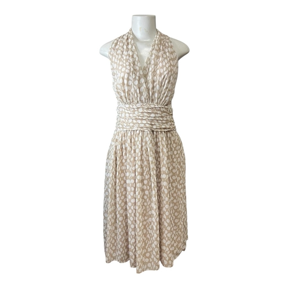 Evan Picone Dress Polka Dot V Neck Ruched Coquette Resortwear Euro Summer Flowy